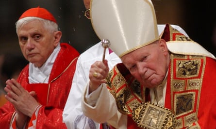 Cardinal Joseph Ratzinger with Pope John Paul II during mass in St Peter’s Basilica, in 2002.