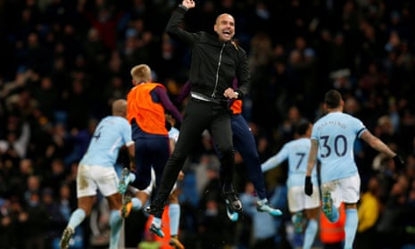 Manchester City’s manager Pep Guardiola celebrates after Raheem Sterling scored their late winner against Southampton