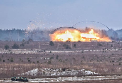 An explosion is seen during Russia-Belarus military drills at the Ruzhansky training ground in Belarus.
