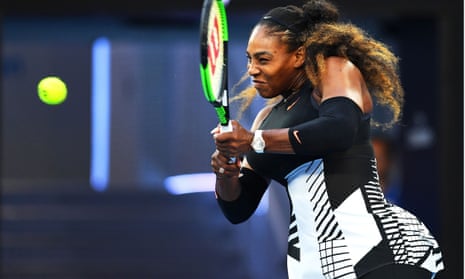 Serena Williams playing tennis at the Australian Open.