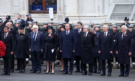 Rishi Sunak and former prime ministers Liz Truss, Boris Johnson, Theresa May, David Cameron, Gordon Brown, Tony Blair and John Major at the Cenotaph.