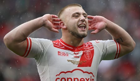 Mikey Lewis celebrates after his conversion wins the Challenge Cup for Hull KR.