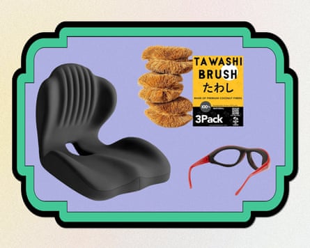 A seat cushion, dish scrubber and onion goggles
