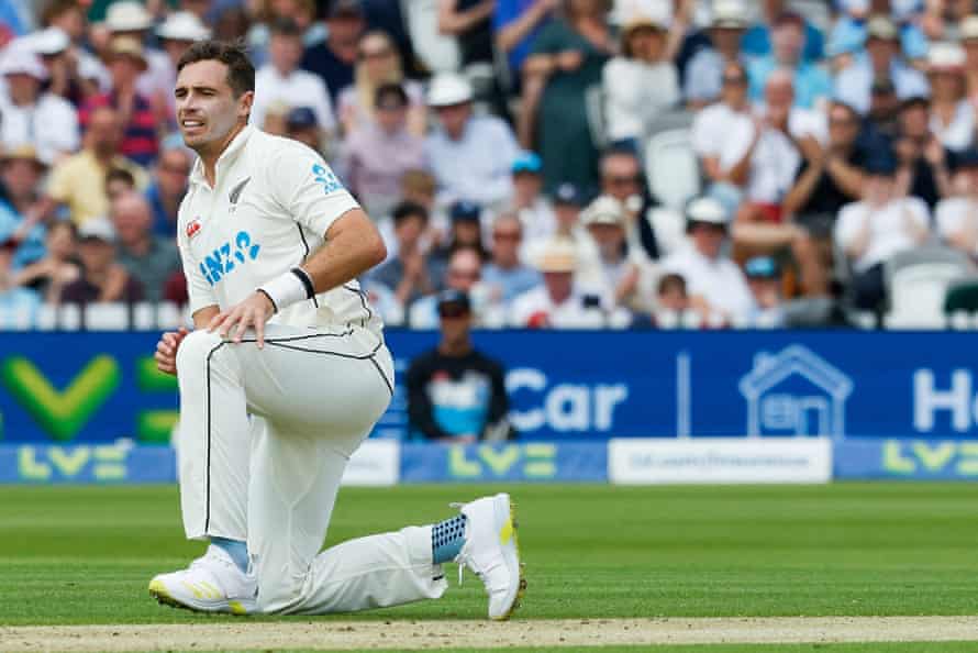 Tim Southee watches Zak Crawley hit one for four.