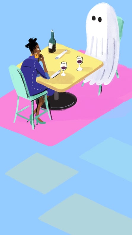 Illustration of woman at a restaurant dinner table sitting opposite a ghost