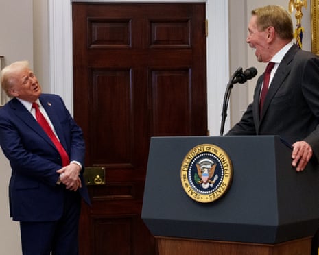 Larry Ellison and Donald Trump at a news conference in the White House on 21 January 2025.