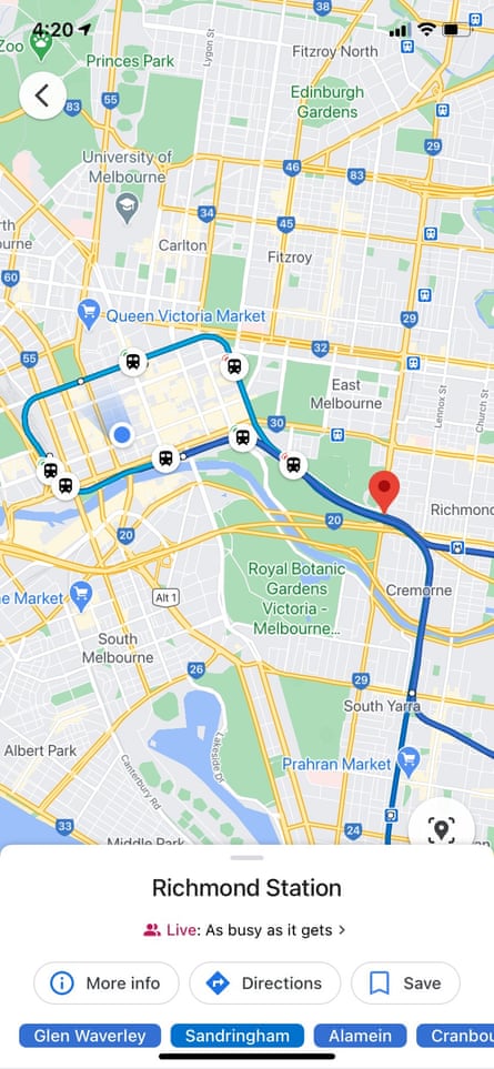 A mock-up of a Google Maps feature that shows Melbourne commuters how crowded trains are