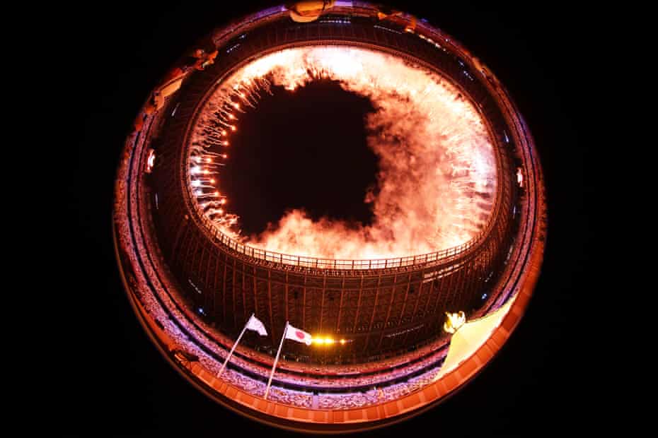 Fish eye view of fireworks after the Olympic cauldron is lit during the Opening Ceremony of the Tokyo 2020 Olympic Games