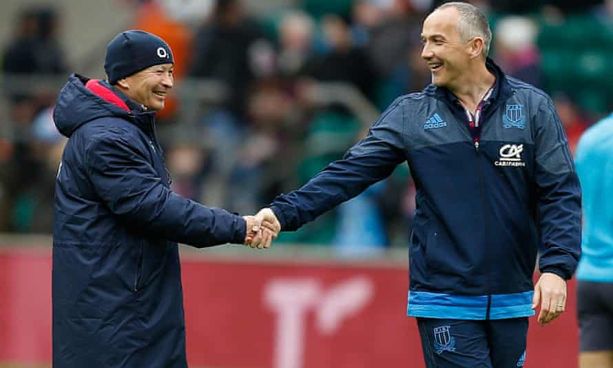 All smiles: England coach Eddie Jones and his Italy counterpart Brendan Venter greet each other before the game