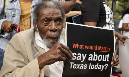 Bobby Caldwell, 87, of Houston, listens during a prayer rally against Republican bills that would make it harder to vote at the capitol in Austin, Texas, last week.