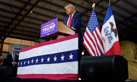 Donald Trump speaks during a commit to caucus rally, on 16 October 2023, in Adel, Iowa.