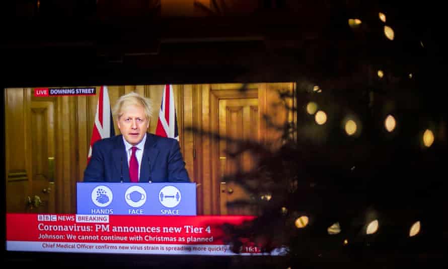 Boris Johnson on the television during a media briefing, 19 December 2020.