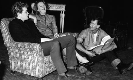 Joe Orton (R) with Dudley Sutton (Mr Sloane) and Madge Ryan (Kath), rehearse his play Entertaining Mr Sloane at the Wyndham Theatre, 1964.