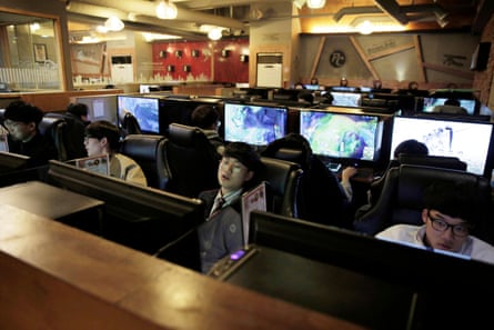 Young male gamers in a PC bang in the Hongdae area of Seoul.