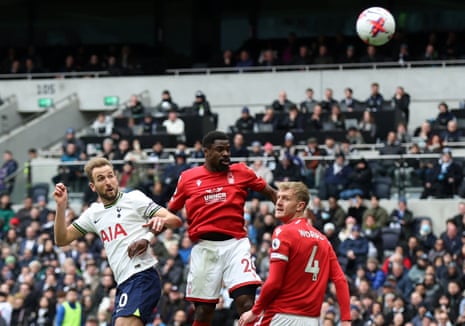 Tottenham Hotspur’s Harry Kane scores their first goal against Nottingham Forest.