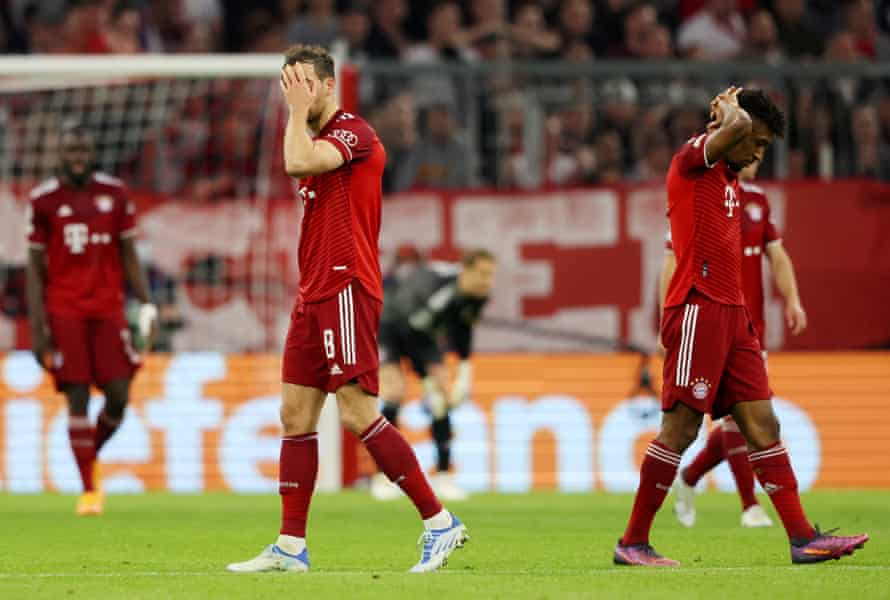 Leon Goretzka and Kingsley Coman of Bayern Munich look dejected after conceding their side’s first goal.