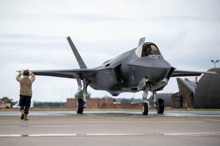 An F-35A Lightning II aircraft on the tarmac at RAF Lakenheath.