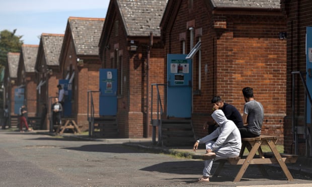 Asylum seekers at Napier barracks in Folkestone, England in June 2021.