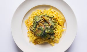 Going for gold: pesto aubergines and pasta.