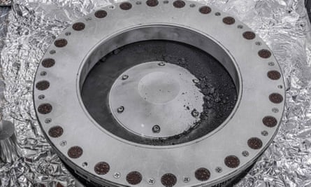 A view of the outside of the Osirix-Rex sample collector, with sample material from the asteroid Bennu, at Johnson Space Center in Houston, Texas.
