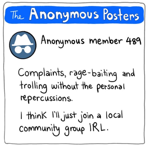 Cartoon by Jess Harwood titled Facebook community groups, panel 7