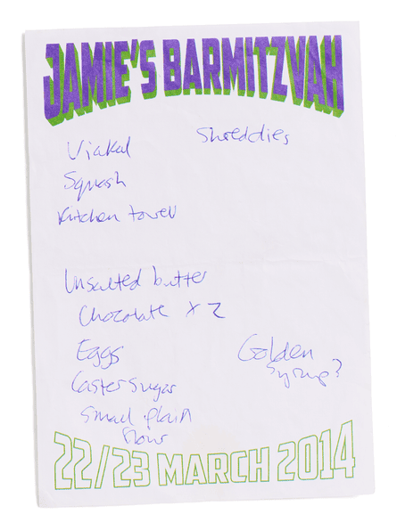A shopping list on paper with the heading “Jamie’s Barmitzvah” and the date “22/23 March 2014” at the bottom, with items such as eggs, Shreddies and kitchen towel written on in pen