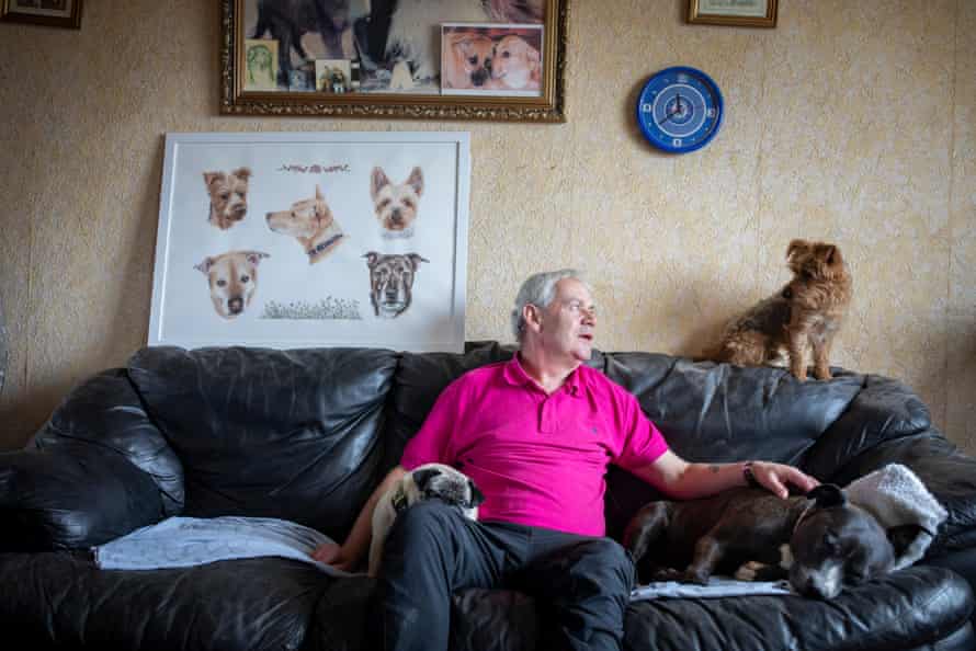 Mark Davis at home with the new painting of his dogs.