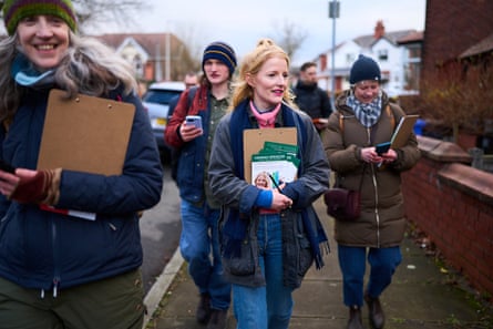 Hannah Spencer campaigning in Denton with Green party volunteers.