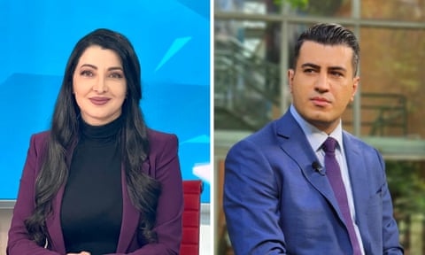 Composite image of Sima Sabet and Fardad Farahzad, presenters at TV news station Iran International in London
