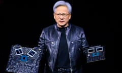 NVIDIA's CEO Jensen Huang displays products on-stage during the annual Nvidia GTC Artificial Intelligence Conference at SAP Center in San Jose, California, on 18 March 2024.