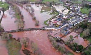 An aerial view of the Welsh village of Crickhowell which has been cut off as the river Usk bursts its banks.