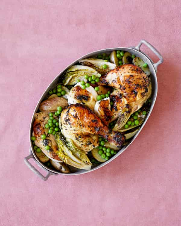 Rosie Sykes’ minted roast chicken with potatoes, peas and lettuce.
