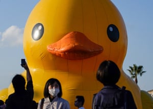 Osaka, JapanThe ‘Rubber Duck’ floating sculpture designed by Florentijn Hofman is seen displayed at Suminoe Art Beat 2021 at the Creative Centre Osaka.