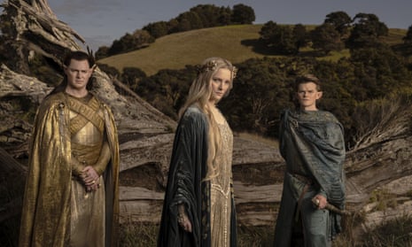 Benjamin Walker, from left, Morfydd Clark and Robert Aramayo from The Lord of the Rings: The Rings of Power, a TV series by Amazon Studios.