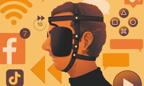 Illustration of a man with blinkers on surrounded by social media logos