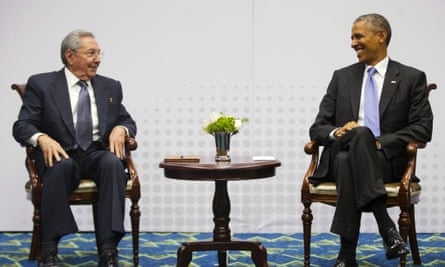 Cuban president Raúl Castro and US president Barack Obama meet at the Summit of the Americas in Panama City, Panama.