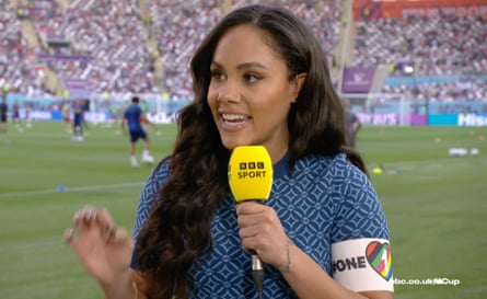 Alex Scott wears the One Love armband while working for the BBC during Monday’s World Cup coverage from Qatar.