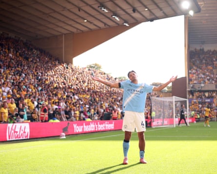 Tijjani Reijnders celebrates with a shrug after scoring Manchester City’s second goal.