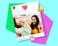 A bright geometric illustration with a faux-Polaroid photograph at the centre showing two friends on holiday