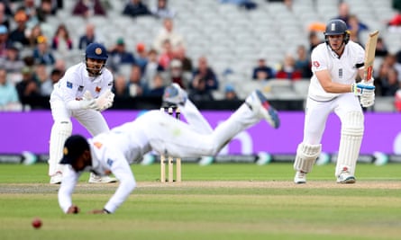 Jamie Smith on his way to his first Test century against Sri Lanka at Old Trafford in August.