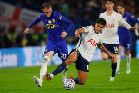 Mateus Fernandes challenges Cole Palmer during Tottenham’s 2-0 win.