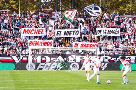 Rayo Vallecano fans display a banner in tribute to Míchel