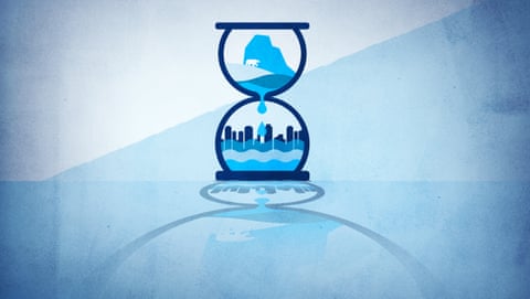 Graphic showing a polar ice cap melting through an hourglass onto a city beneath.
