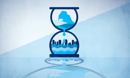An illustration of a sand timer featuring water from ice caps melting on to a city.