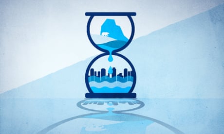 Graphic showing a polar ice cap melting through an hourglass onto a city beneath.