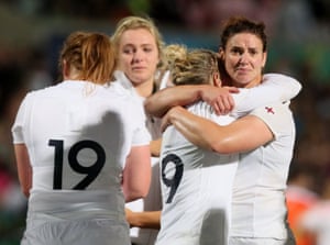 Disappointment is etched onto the face of England’s Sarah Hunter, right, after the final whistle.