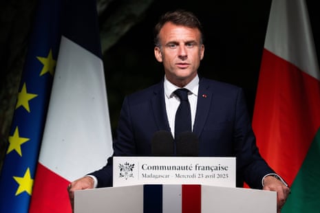 Emmanuel Macron delivers a speech during a reception hosted for the French community residing in Madagascar yesterday.