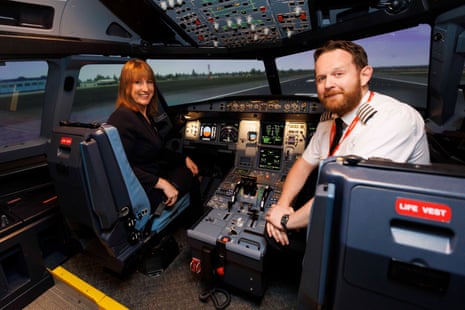 Rachel Reeves sitting on a flight simulator at Gatwick airport this morning.