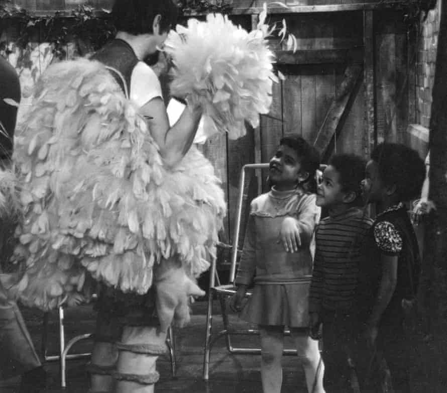Spinney, who played Big Bird for almost 50 years until his death in 2019, jokes with children on set.