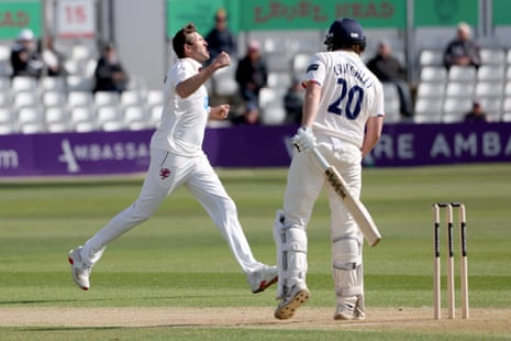 समरसेट के क्रेग ओवरटन ने मैट क्रिचली का विकेट लेने का जश्न मनाया।